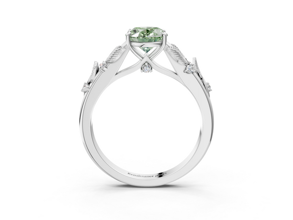 White gold Fancy Green Oval Cut Diamond Solitaire Ring with Leaf Motif Band and Four-Prong Setting
