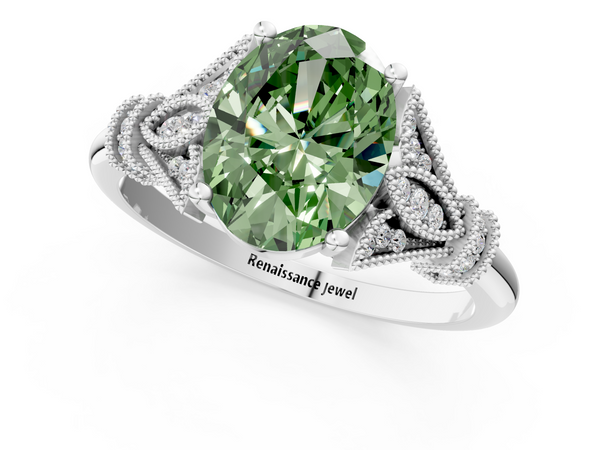 Platinum Fancy Green Oval  Diamond Solitaire Ring with Floral Filigree and Pave Accents
