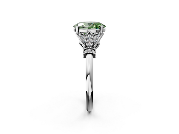Platinum Fancy Green Oval  Diamond Solitaire Ring with Floral Filigree and Pave Accents