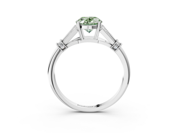 Platinum Fancy Green Oval  Diamond Solitaire Ring with Floral Filigree and Pave Accents