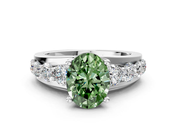 White gold Fancy Green Oval  Brilliant Solitaire with Side Stones on a Pave Band and Four-Prong Setting