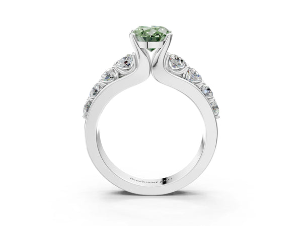 White gold Fancy Green Oval  Brilliant Solitaire with Side Stones on a Pave Band and Four-Prong Setting