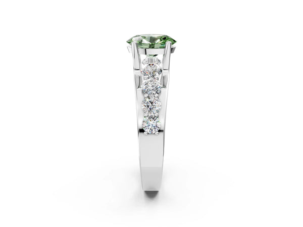 White gold Fancy Green Oval  Brilliant Solitaire with Side Stones on a Pave Band and Four-Prong Setting