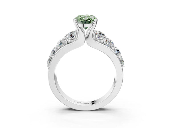 White gold Fancy Green Oval  Brilliant Solitaire with Side Stones on a Pave Band and Four-Prong Setting