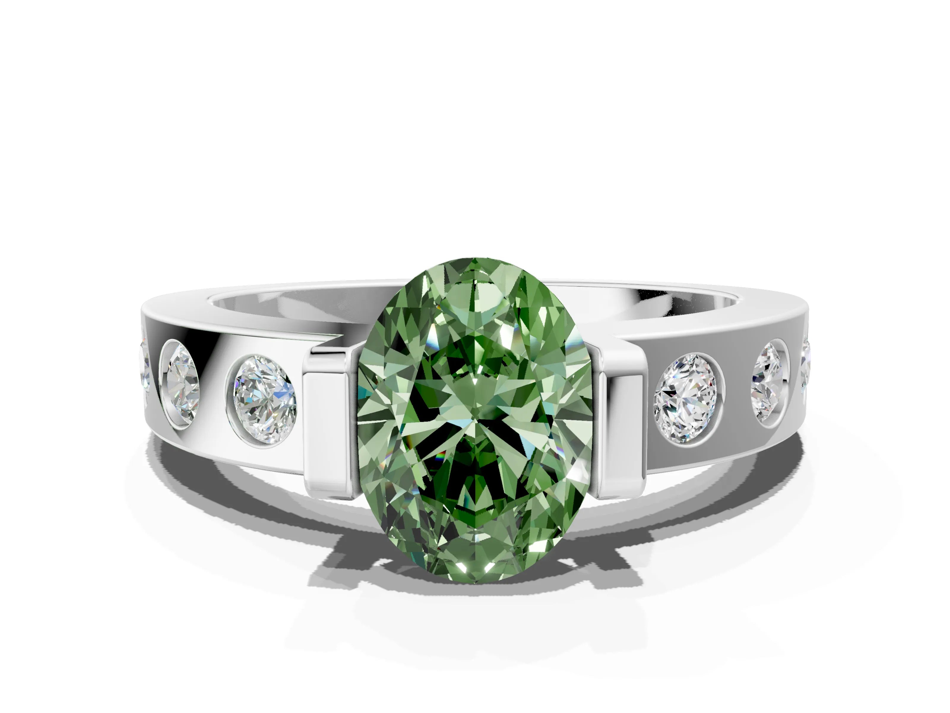 White gold Fancy Green Oval Cut Brilliant Channel-Set Diamond Ring with Bezel Prong Setting