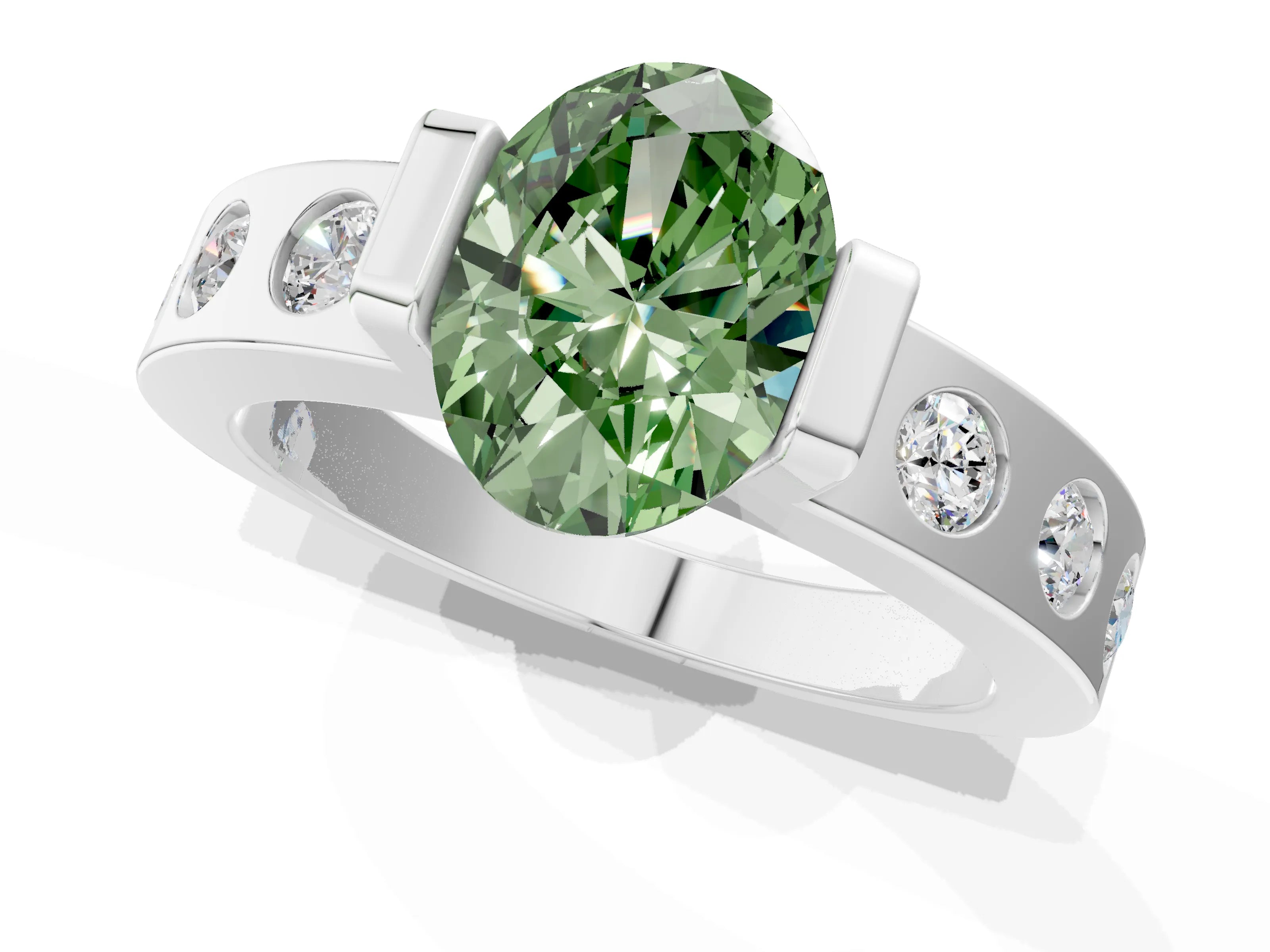 White gold Fancy Green Oval Cut Brilliant Channel-Set Diamond Ring with Bezel Prong Setting_1