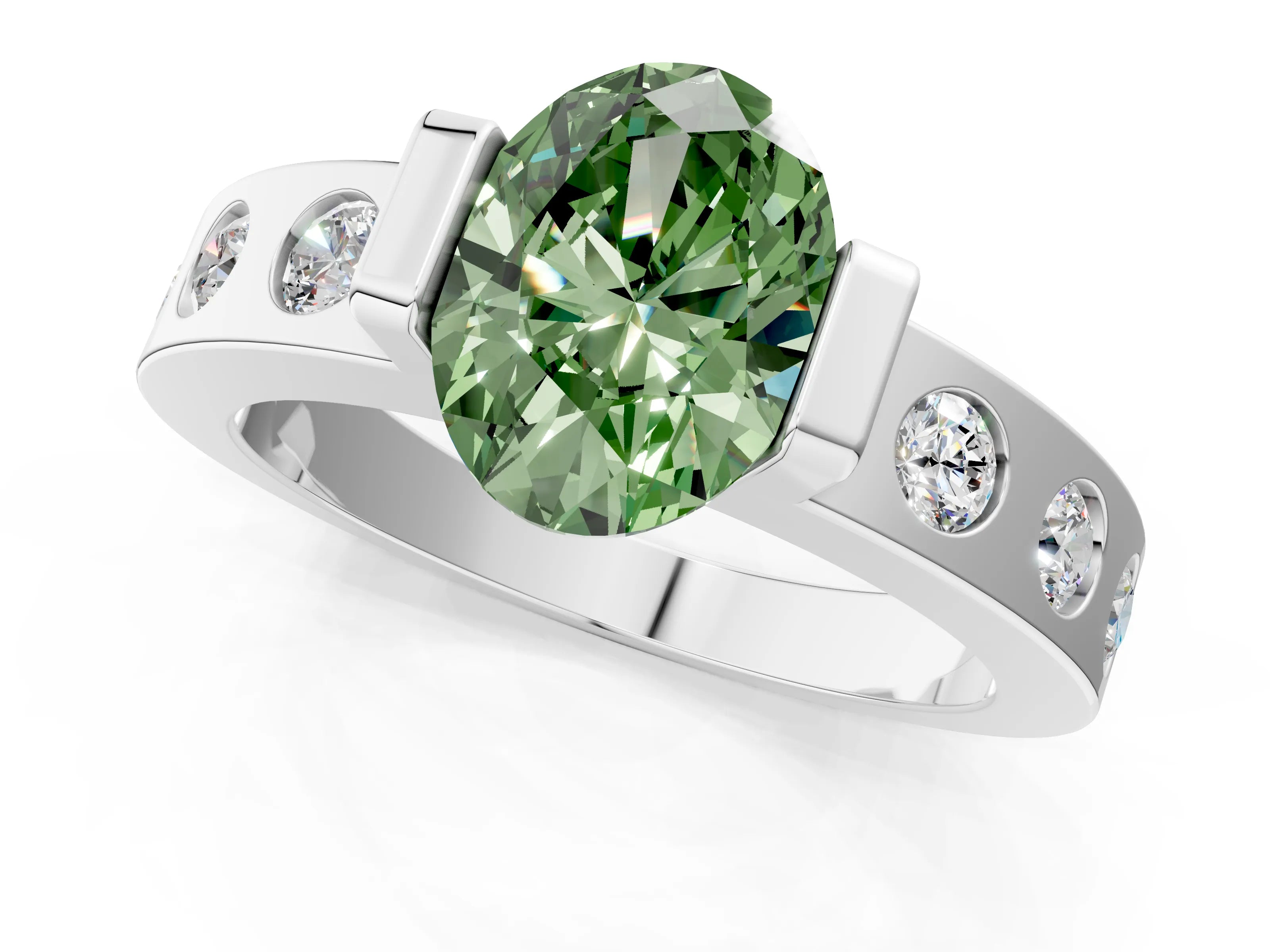 White gold Fancy Green Oval Cut Brilliant Channel-Set Diamond Ring with Bezel Prong Setting_13
