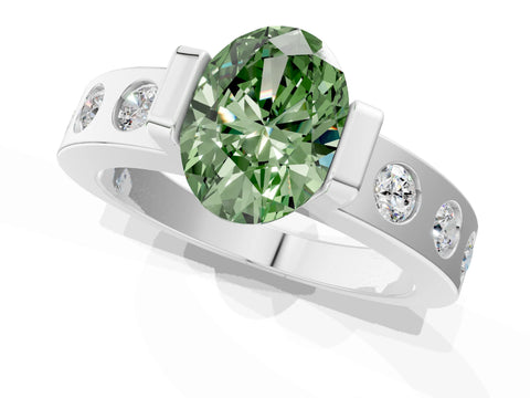 White gold Fancy Green Oval Cut Brilliant Channel-Set Diamond Ring with Bezel Prong Setting_1