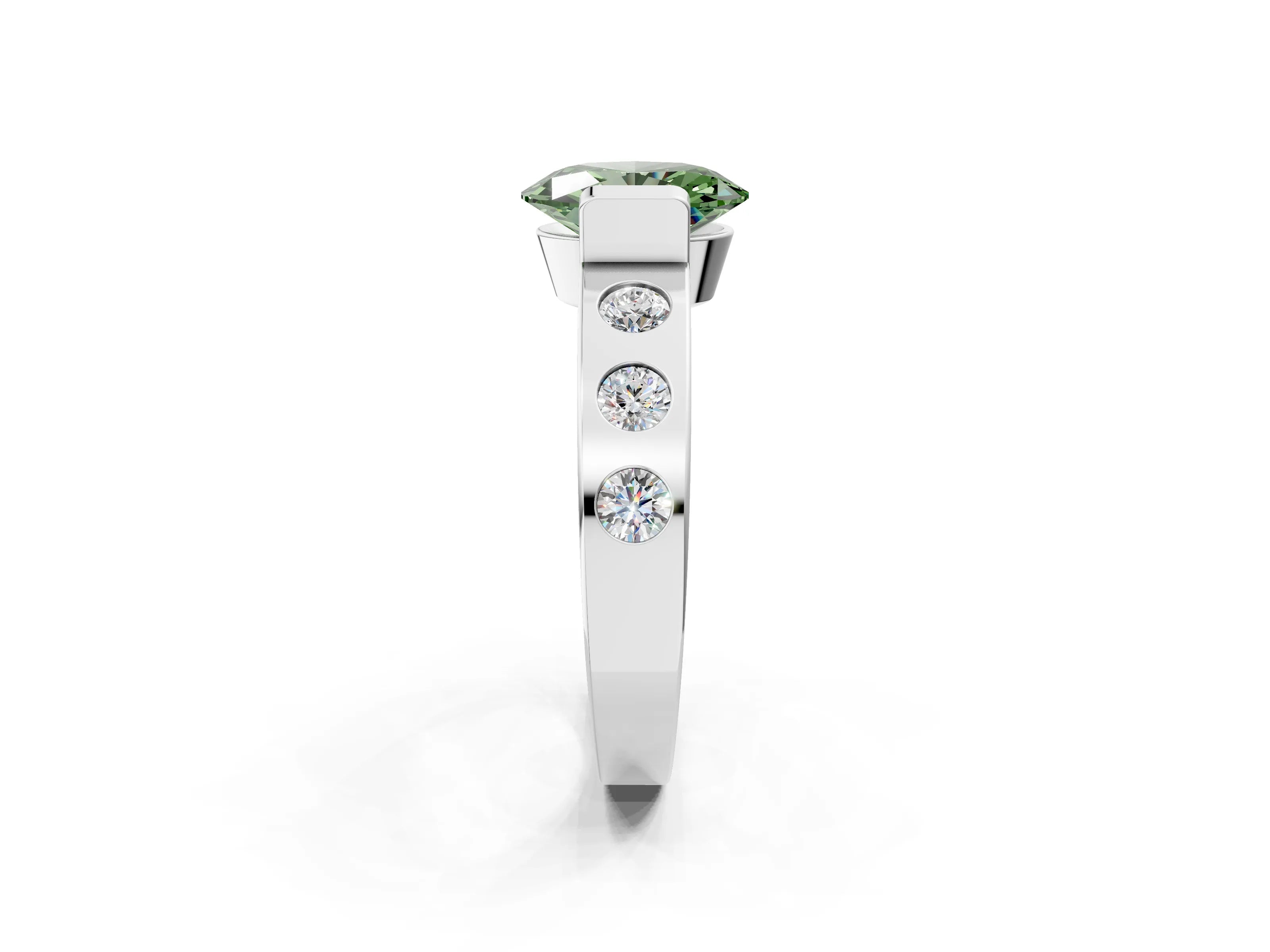 White gold Fancy Green Oval Cut Brilliant Channel-Set Diamond Ring with Bezel Prong Setting_2