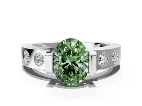 White gold Fancy Green Oval Cut Brilliant Channel-Set Diamond Ring with Bezel Prong Setting