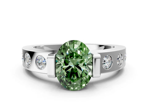 White gold Fancy Green Oval Cut Brilliant Channel-Set Diamond Ring with Bezel Prong Setting_4