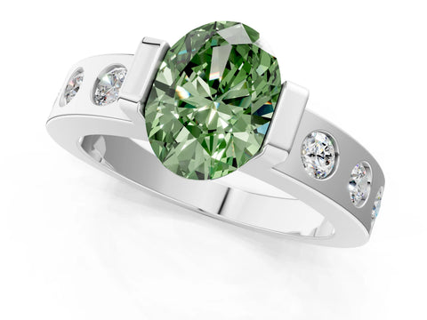 White gold Fancy Green Oval Cut Brilliant Channel-Set Diamond Ring with Bezel Prong Setting_5