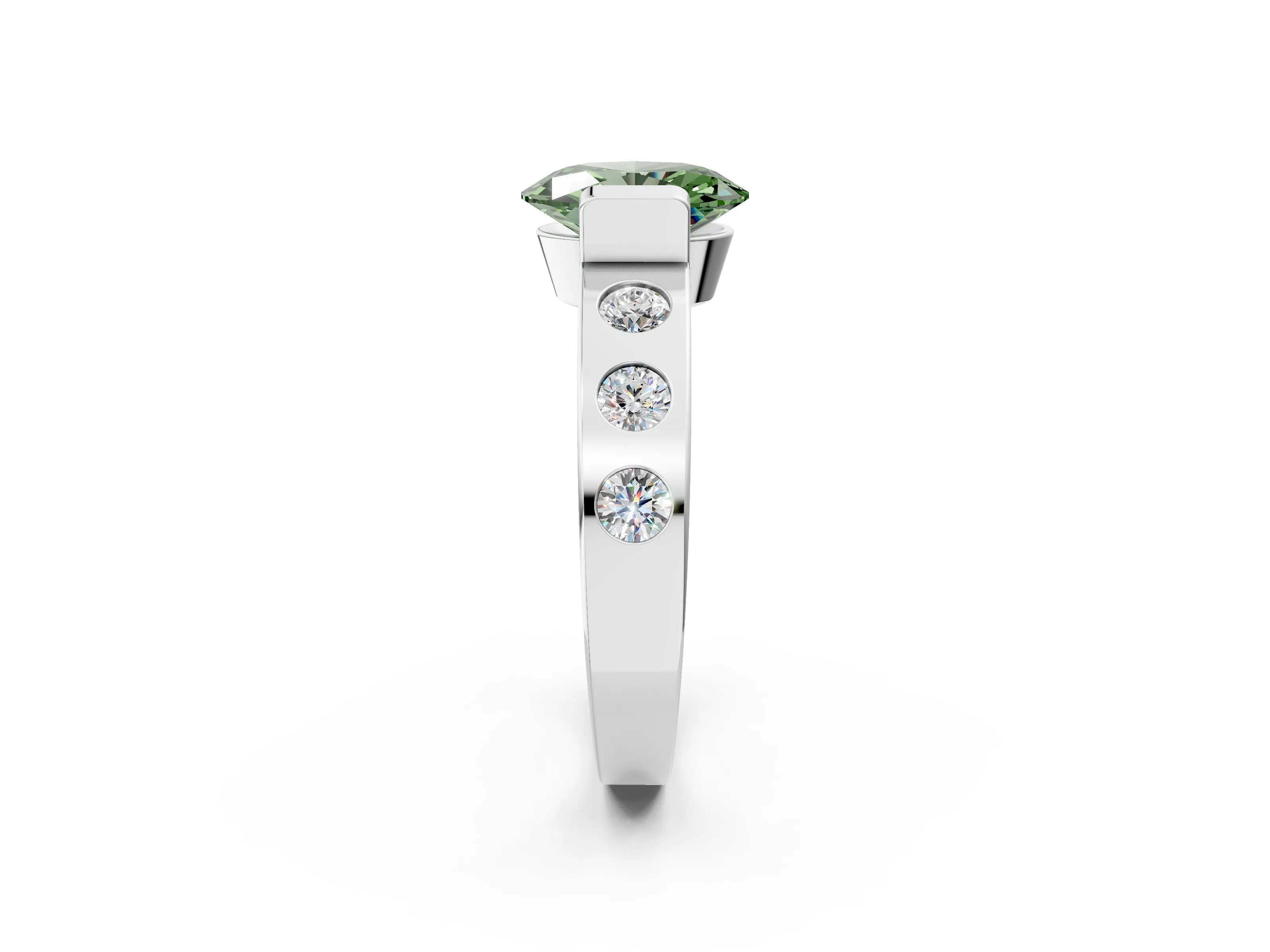White gold Fancy Green Oval Cut Brilliant Channel-Set Diamond Ring with Bezel Prong Setting_6