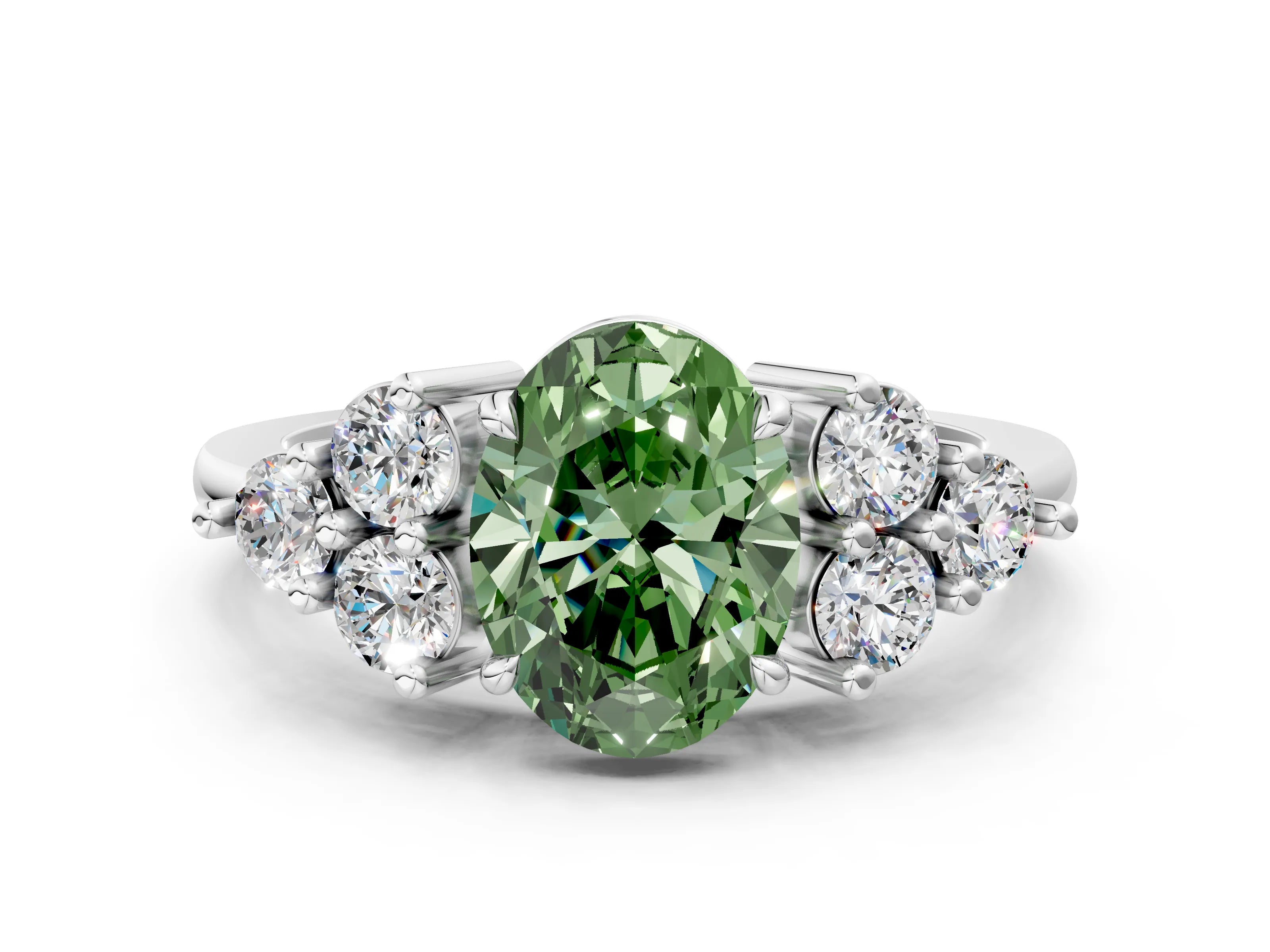 White gold Fancy Green Oval Cut Brilliant Diamond Cluster Accent Solitaire Ring with Prong Setting