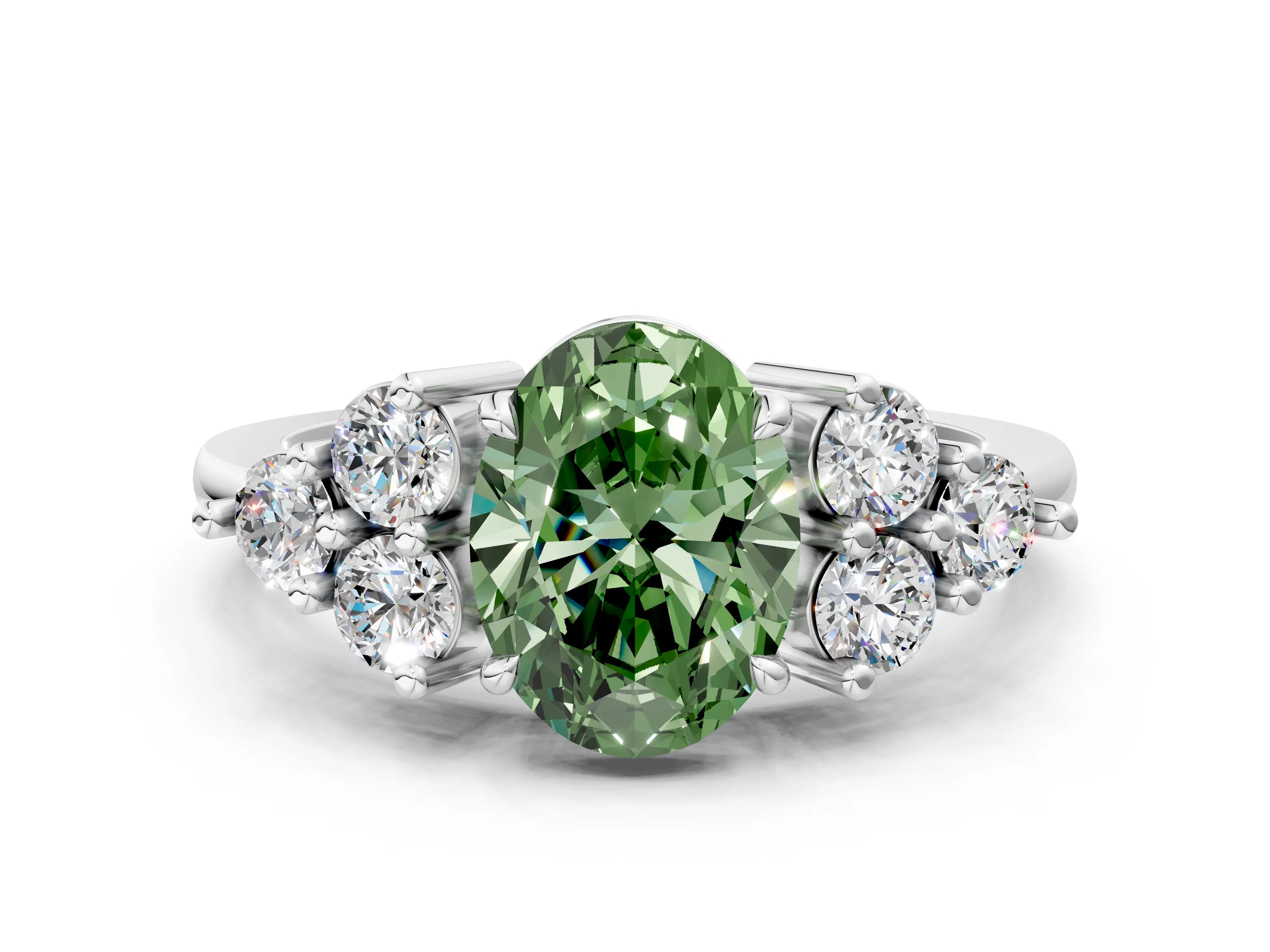White gold Fancy Green Oval Cut Brilliant Diamond Cluster Accent Solitaire Ring with Prong Setting_12