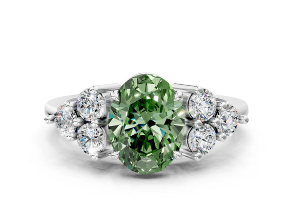 White gold Fancy Green Oval Cut Brilliant Diamond Cluster Accent Solitaire Ring with Prong Setting