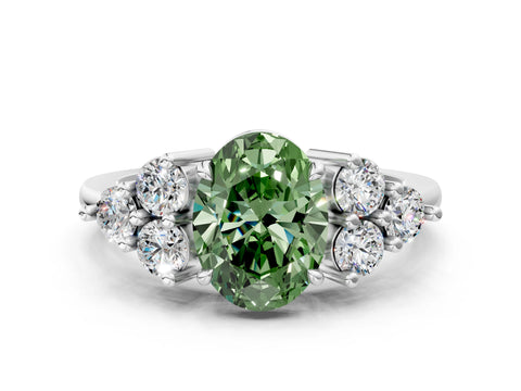 White gold Fancy Green Oval Cut Brilliant Diamond Cluster Accent Solitaire Ring with Prong Setting_12