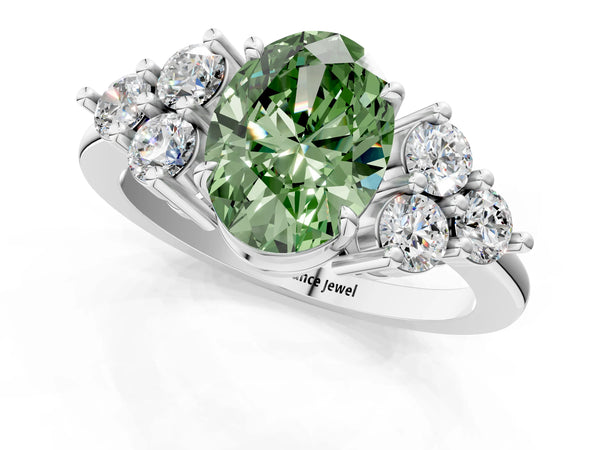 White gold Fancy Green Oval Cut Brilliant Diamond Cluster Accent Solitaire Ring with Prong Setting