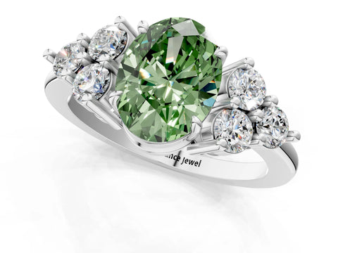 White gold Fancy Green Oval Cut Brilliant Diamond Cluster Accent Solitaire Ring with Prong Setting_13