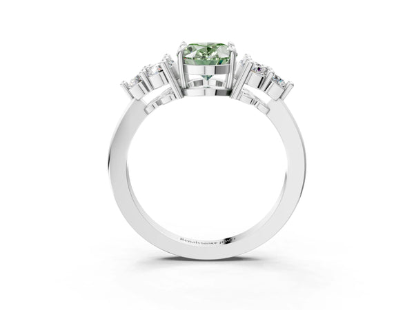 White gold Fancy Green Oval Cut Brilliant Diamond Cluster Accent Solitaire Ring with Prong Setting