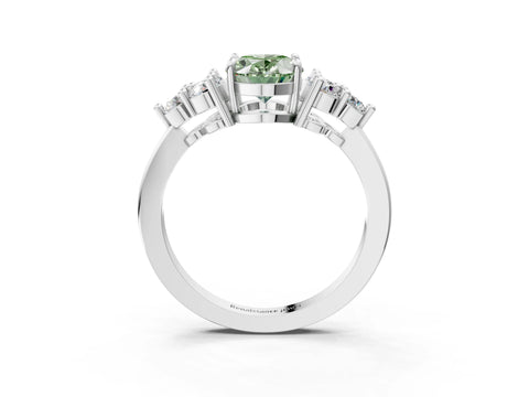 White gold Fancy Green Oval Cut Brilliant Diamond Cluster Accent Solitaire Ring with Prong Setting_15