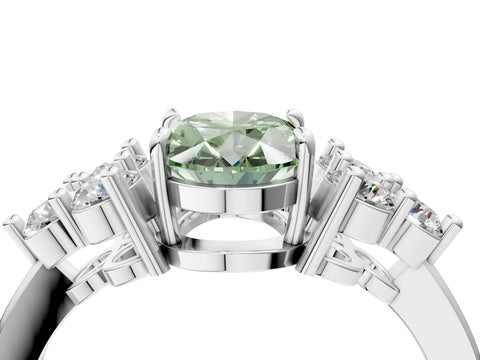 White gold Fancy Green Oval Cut Brilliant Diamond Cluster Accent Solitaire Ring with Prong Setting_16