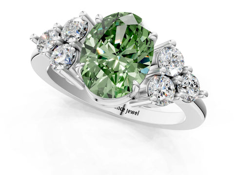 White gold Fancy Green Oval Cut Brilliant Diamond Cluster Accent Solitaire Ring with Prong Setting_1
