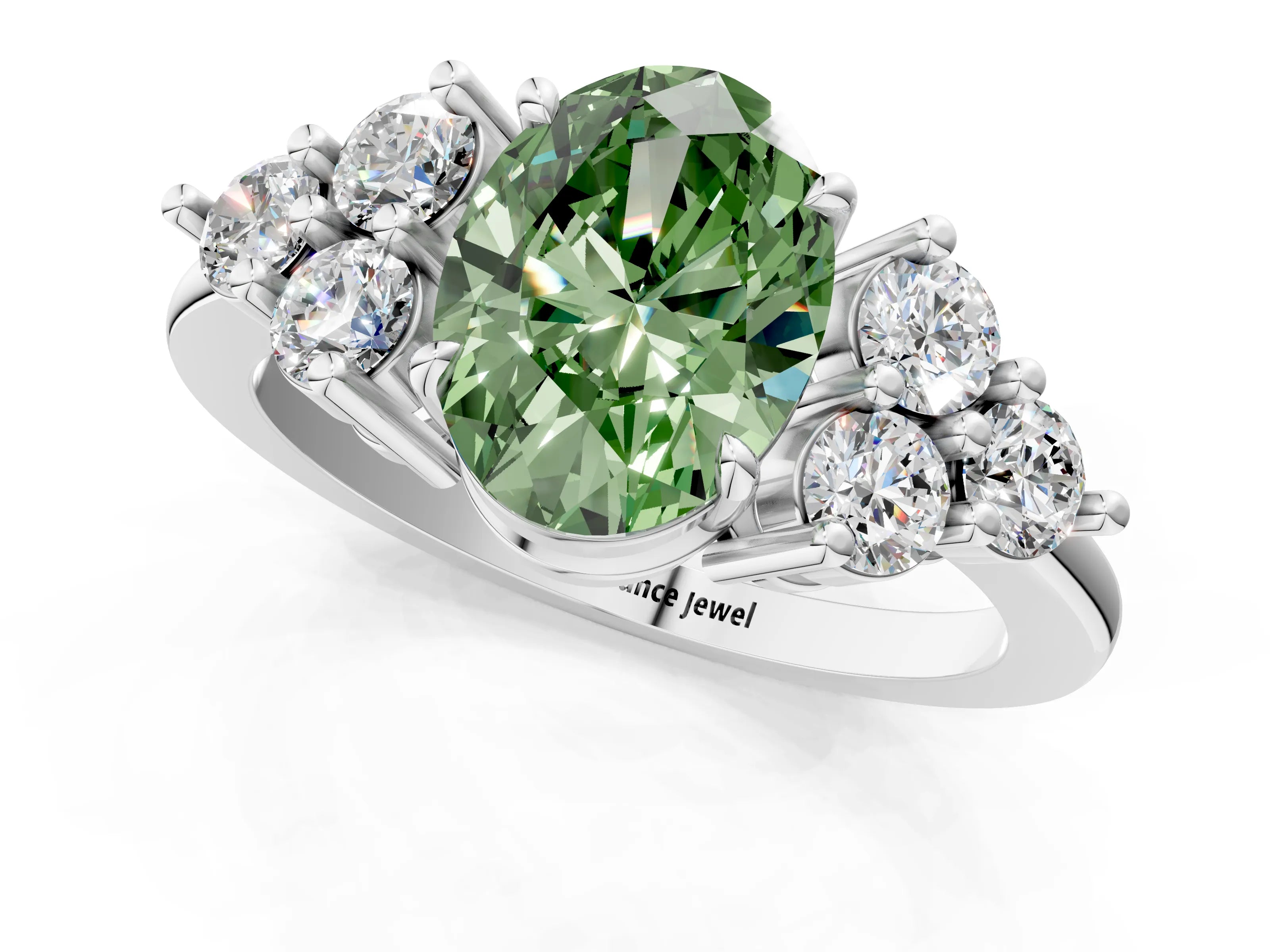 White gold Fancy Green Oval Cut Brilliant Diamond Cluster Accent Solitaire Ring with Prong Setting_1