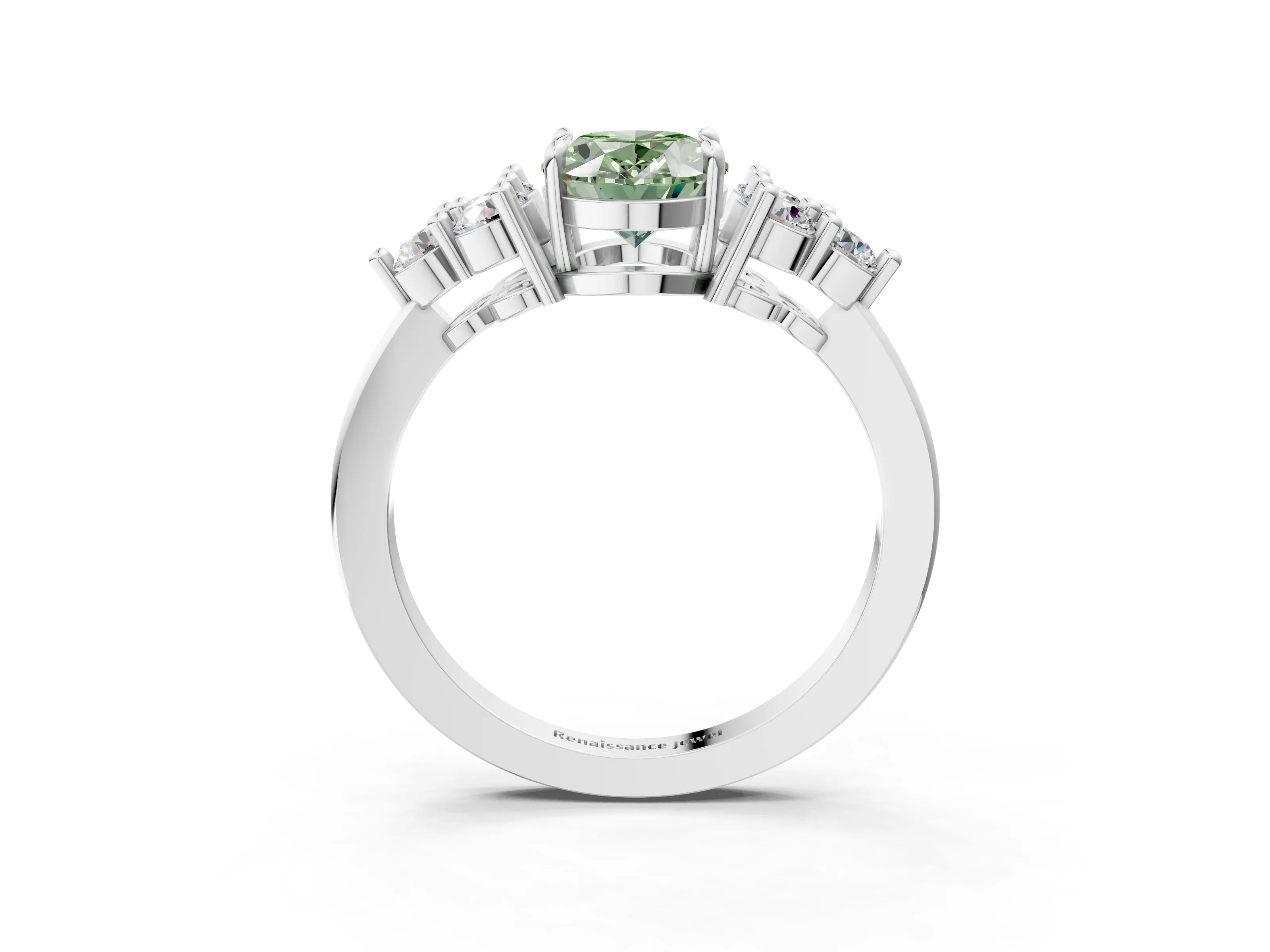 White gold Fancy Green Oval Cut Brilliant Diamond Cluster Accent Solitaire Ring with Prong Setting_3