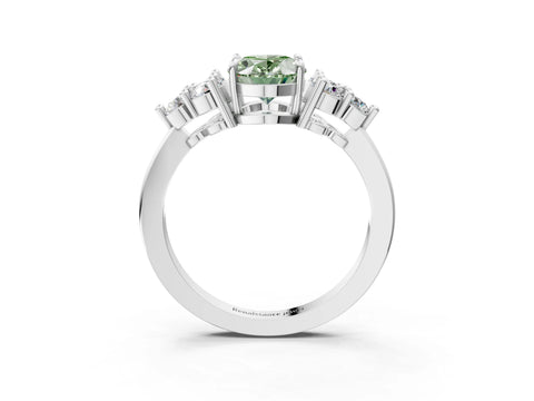 White gold Fancy Green Oval Cut Brilliant Diamond Cluster Accent Solitaire Ring with Prong Setting_3