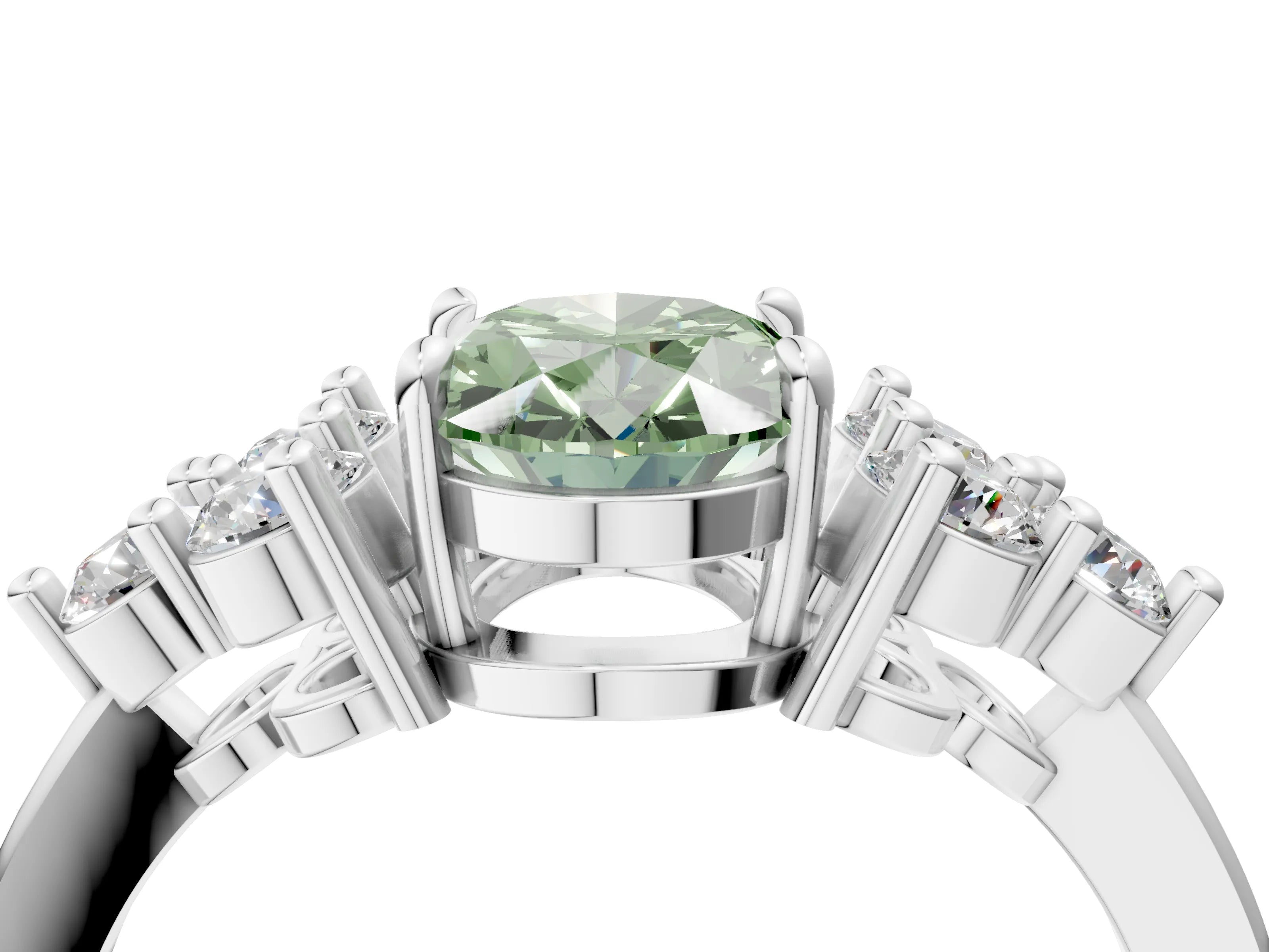 White gold Fancy Green Oval Cut Brilliant Diamond Cluster Accent Solitaire Ring with Prong Setting_4