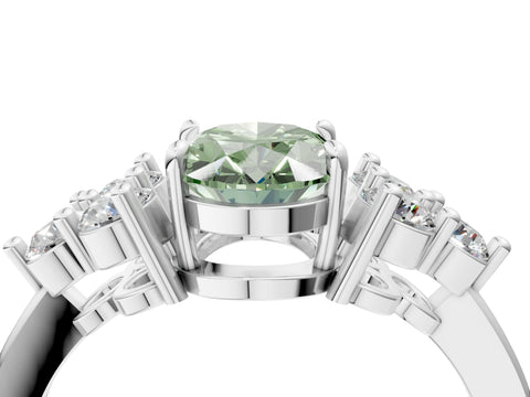 White gold Fancy Green Oval Cut Brilliant Diamond Cluster Accent Solitaire Ring with Prong Setting_4