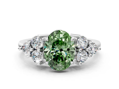 White gold Fancy Green Oval Cut Brilliant Diamond Cluster Accent Solitaire Ring with Prong Setting