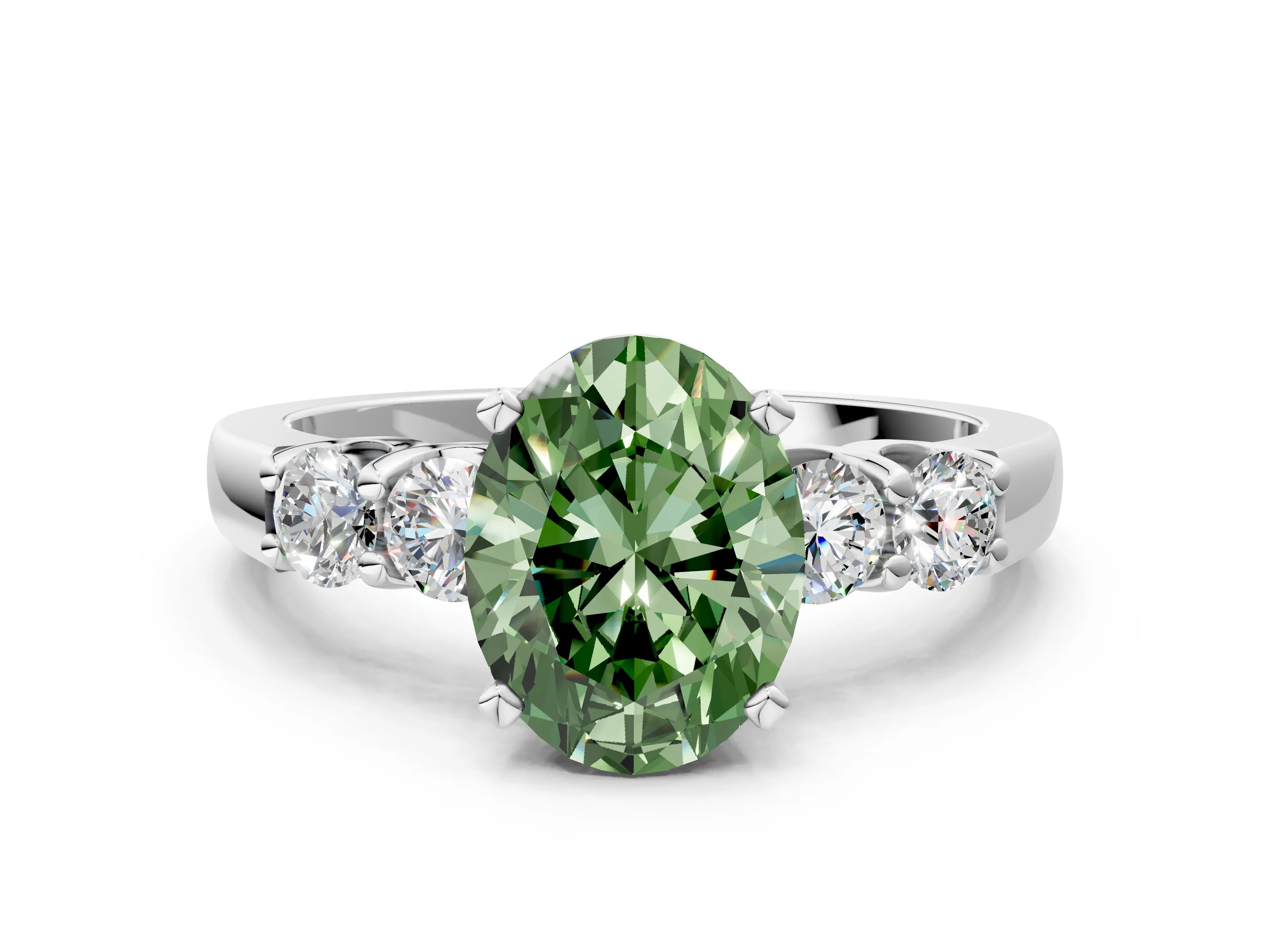 White gold Fancy Green Oval Cut Brilliant Diamond Five-Stone Engagement Ring with Prong Setting on a Classic Band_3