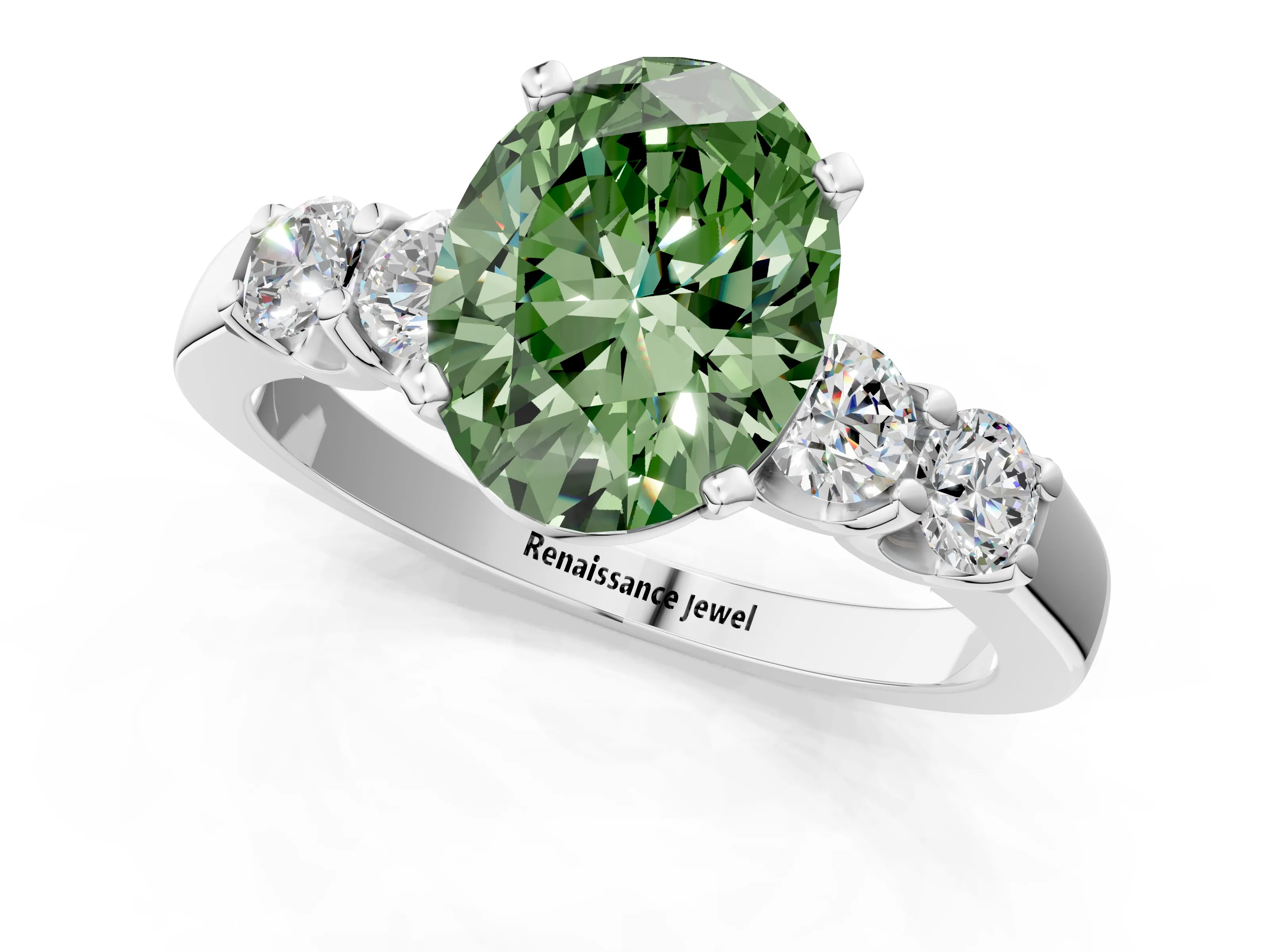 White gold Fancy Green Oval Cut Brilliant Diamond Five-Stone Engagement Ring with Prong Setting on a Classic Band_4