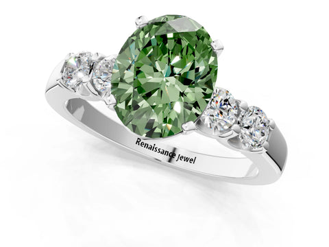 White gold Fancy Green Oval Cut Brilliant Diamond Five-Stone Engagement Ring with Prong Setting on a Classic Band_4