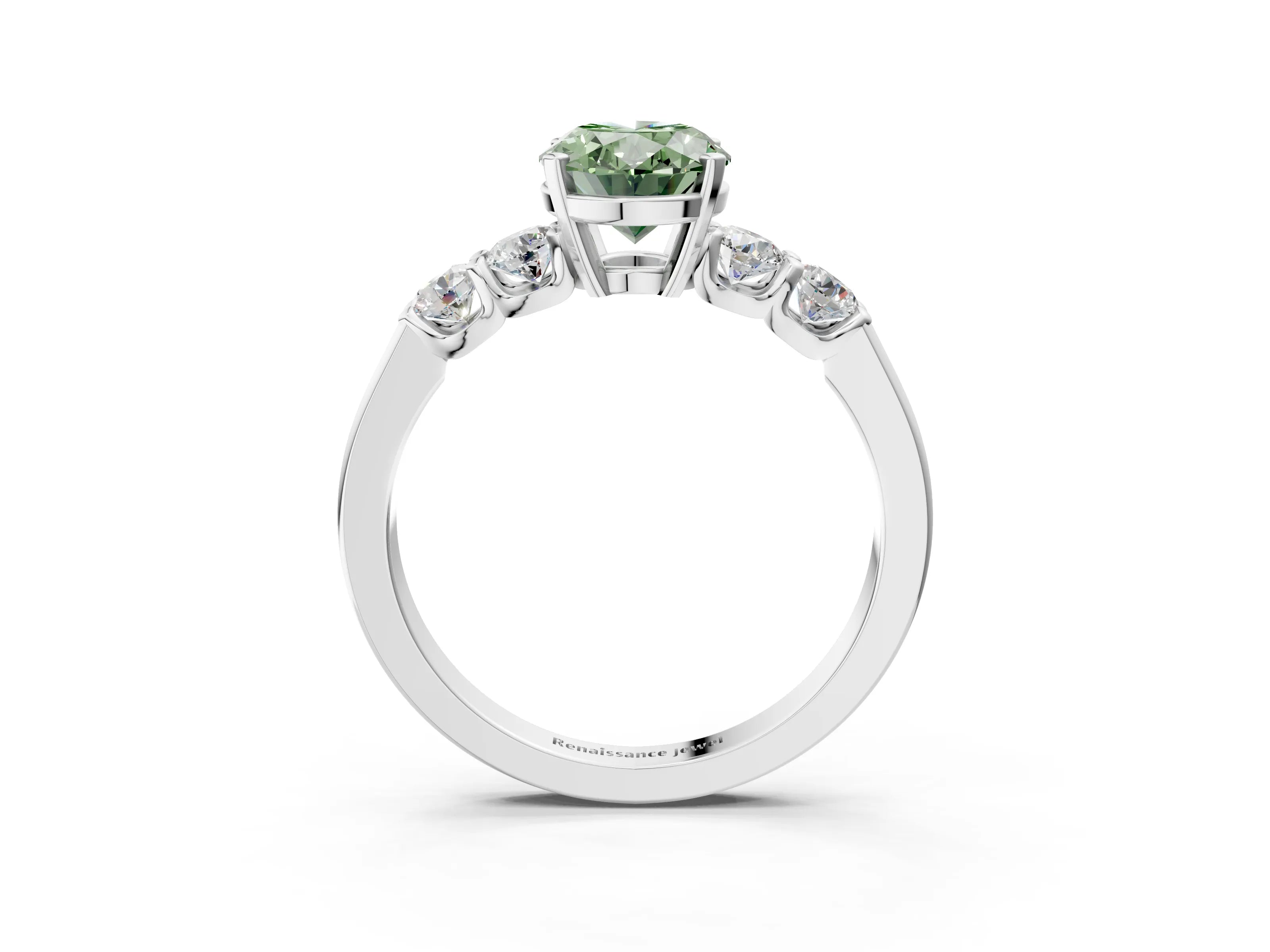 White gold Fancy Green Oval Cut Brilliant Diamond Five-Stone Engagement Ring with Prong Setting on a Classic Band_6