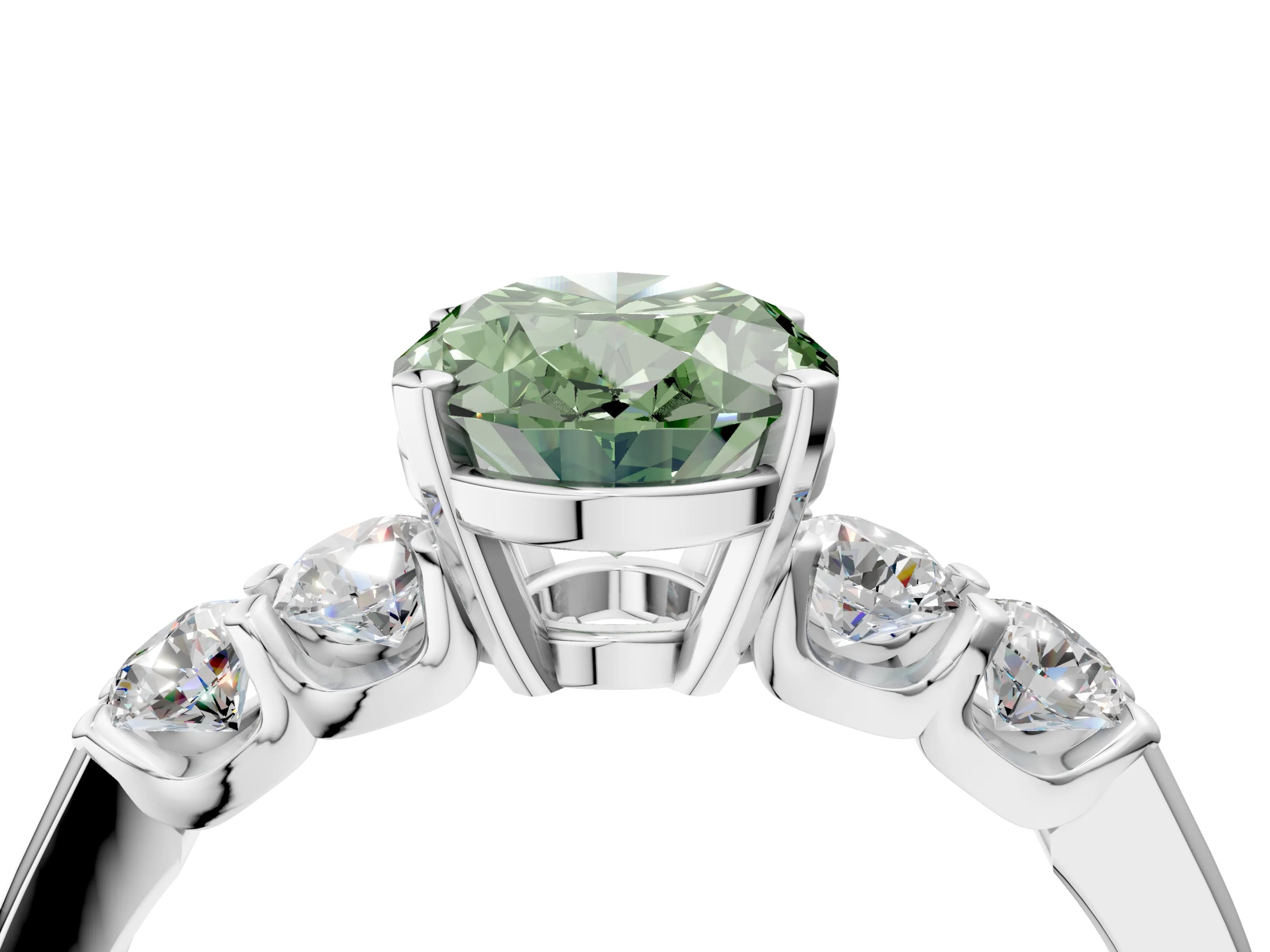 White gold Fancy Green Oval Cut Brilliant Diamond Five-Stone Engagement Ring with Prong Setting on a Classic Band_7