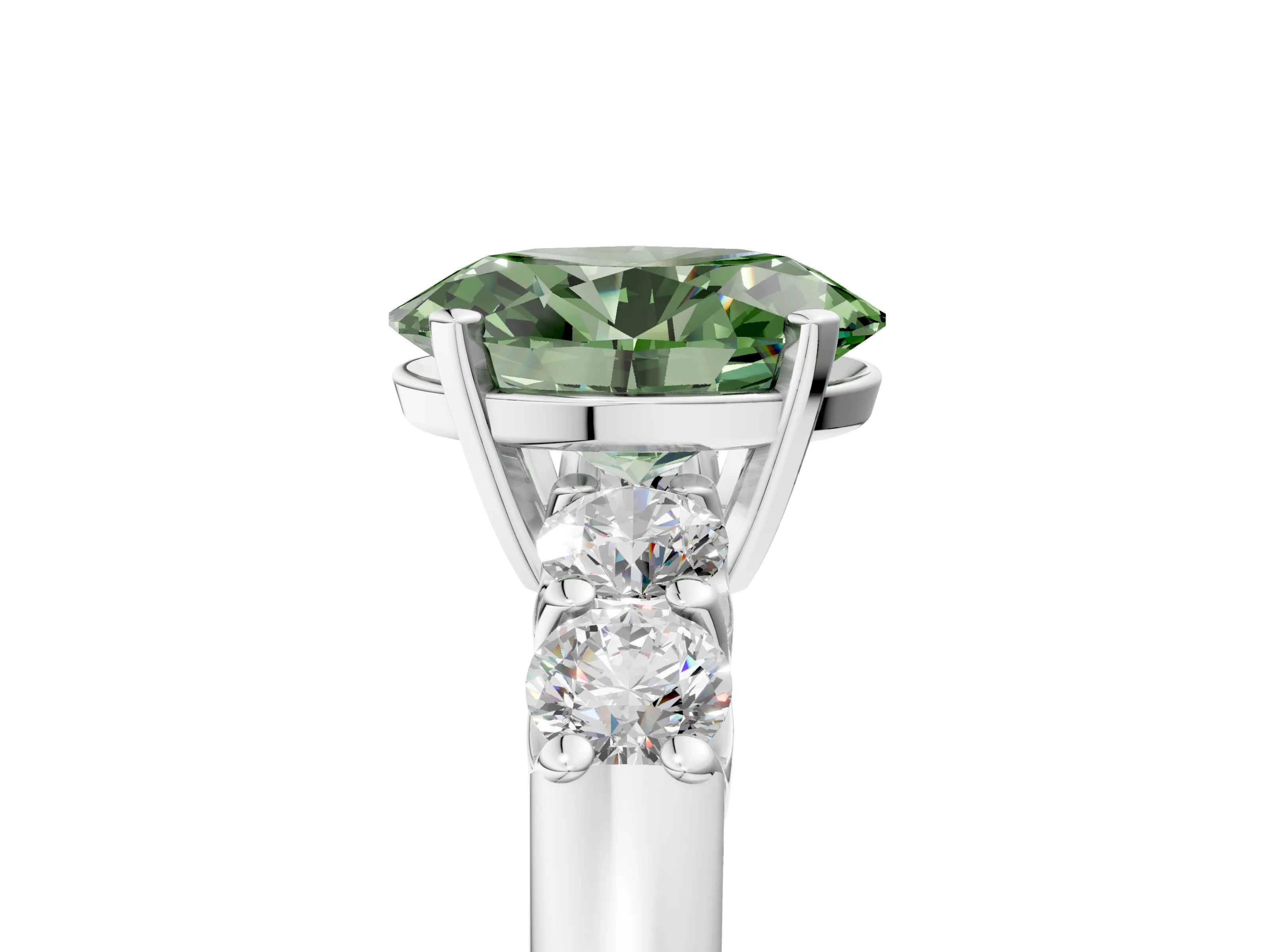 White gold Fancy Green Oval Cut Brilliant Diamond Five-Stone Engagement Ring with Prong Setting on a Classic Band_8