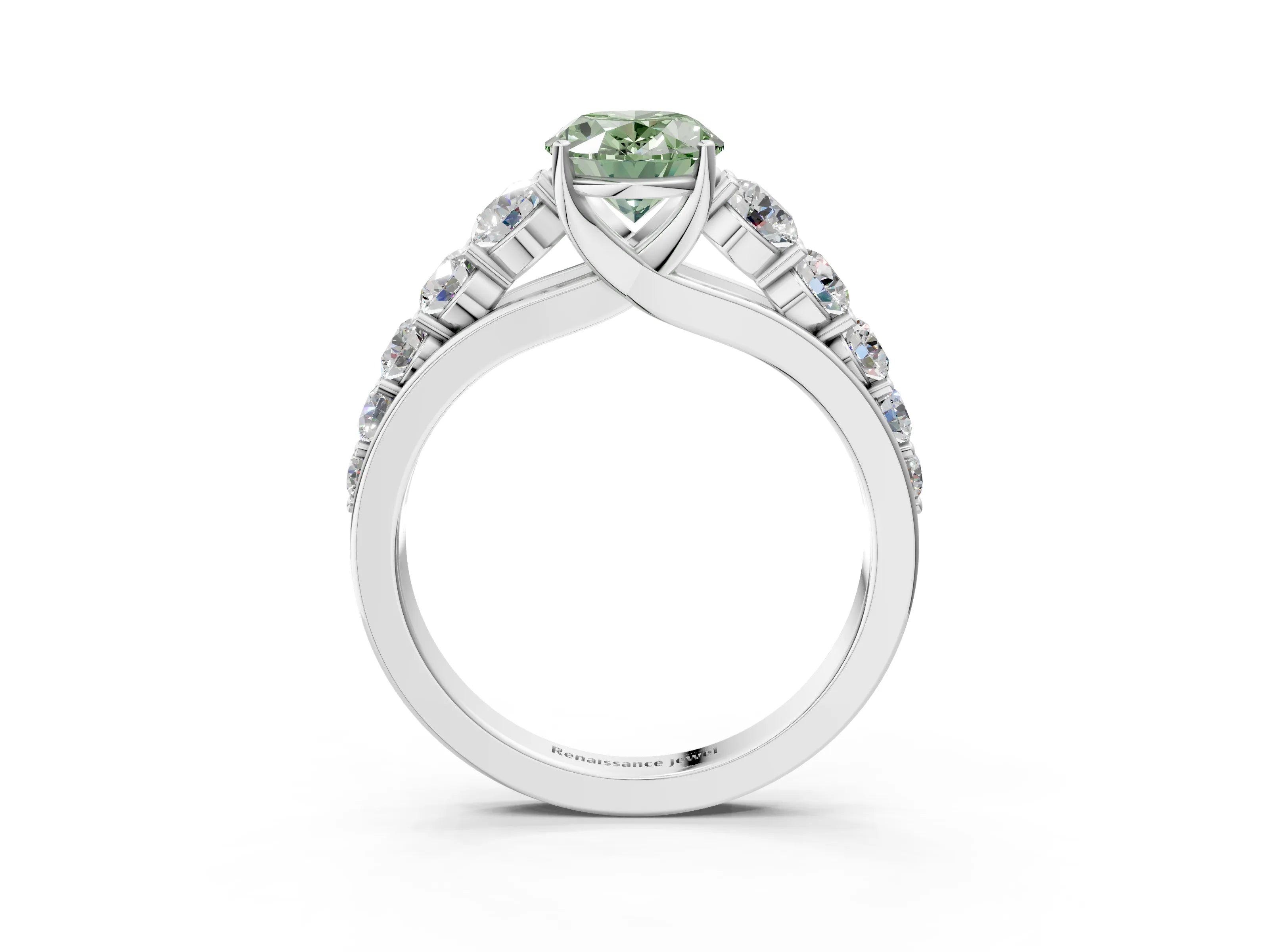 White gold Fancy Green Oval Cut Brilliant Diamond Pavé Band with Six-Prong Setting_15