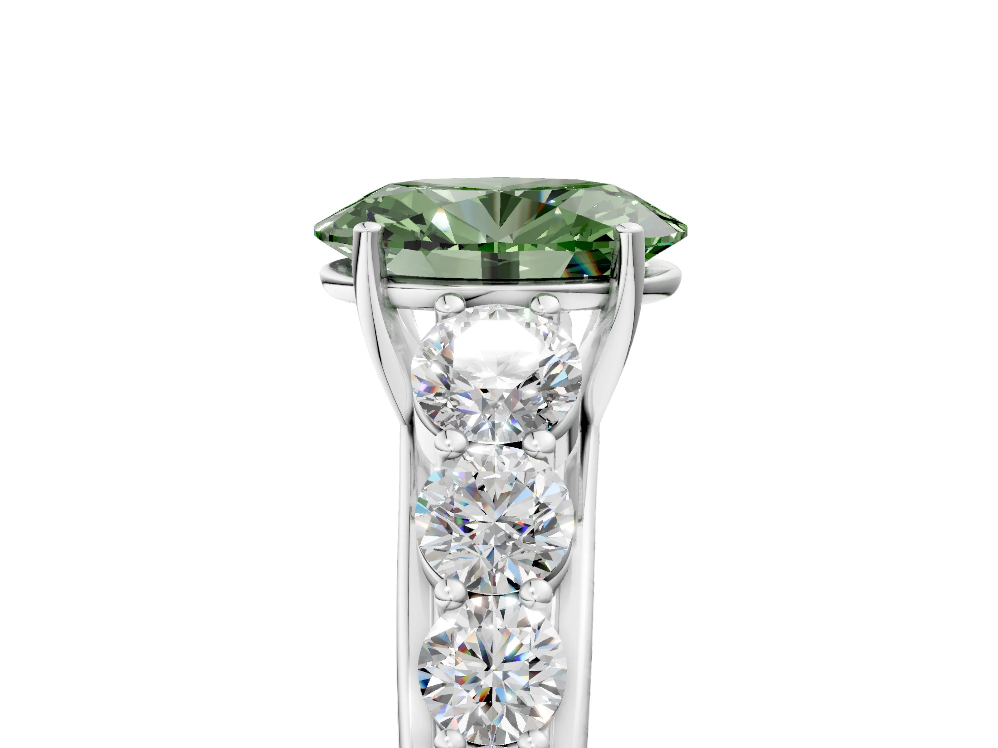 White gold Fancy Green Oval Cut Brilliant Diamond Pavé Band with Six-Prong Setting_17