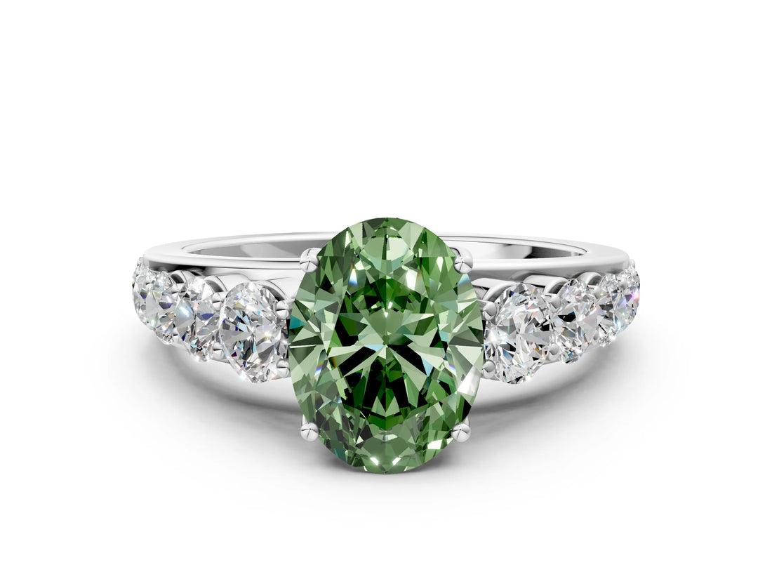 White gold Fancy Green Oval Cut Brilliant Diamond Pavé Band with Six-Prong Setting_24
