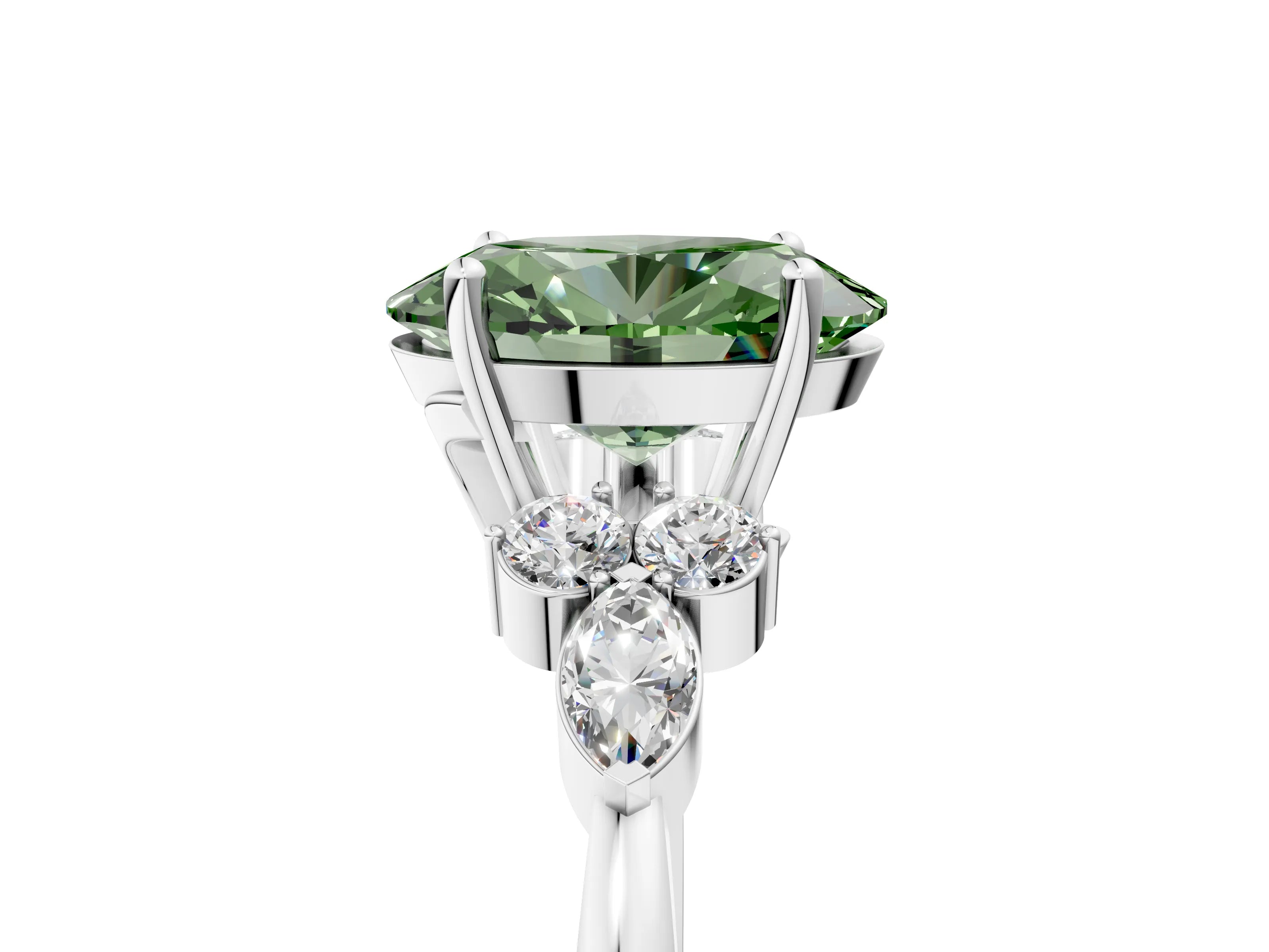 White gold Fancy Green Oval Cut Brilliant Diamond Solitaire Ring with Pear Side Stones and Four-Prong Setting_11