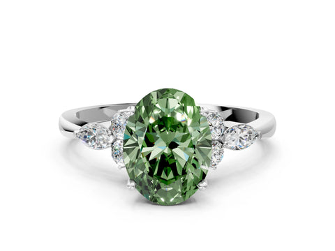 White gold Fancy Green Oval Cut Brilliant Diamond Solitaire Ring with Pear Side Stones and Four-Prong Setting_6