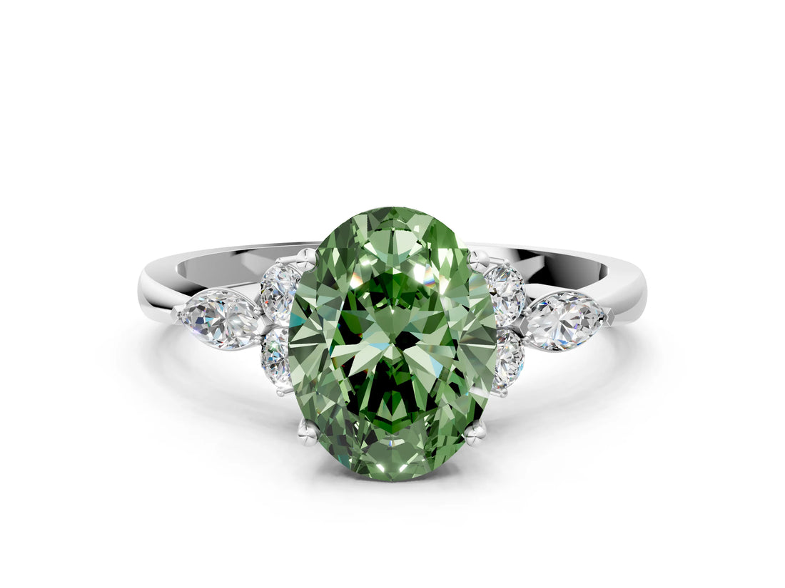 White gold Fancy Green Oval Cut Brilliant Diamond Solitaire Ring with Pear Side Stones and Four-Prong Setting_6