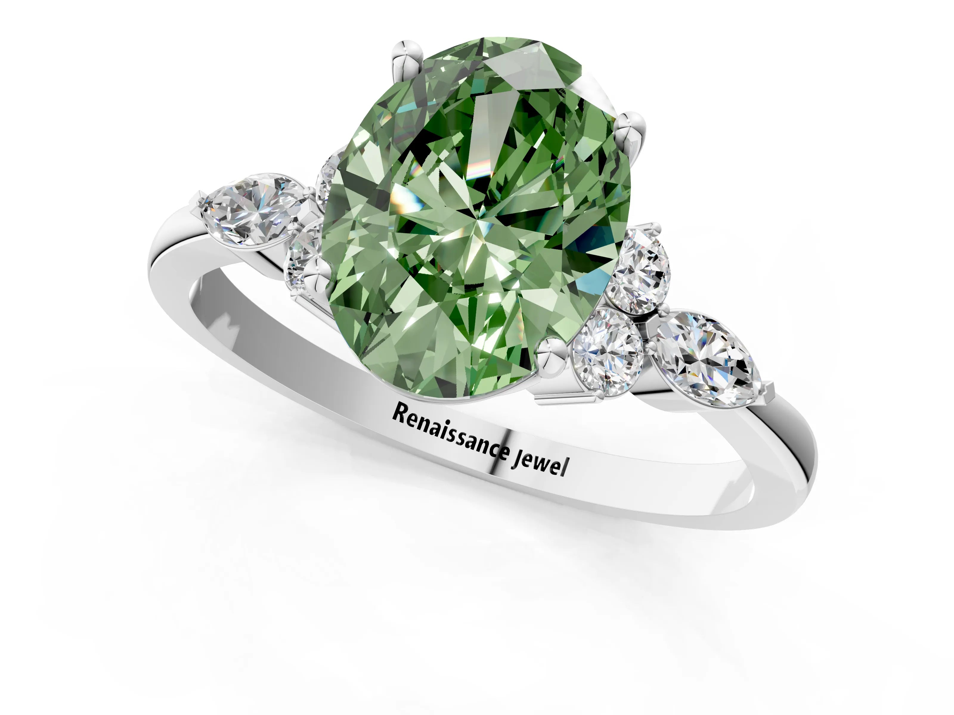 White gold Fancy Green Oval Cut Brilliant Diamond Solitaire Ring with Pear Side Stones and Four-Prong Setting_7