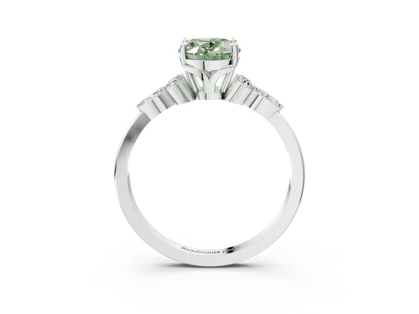Platinum Fancy Green Oval Cut Brilliant Diamond Solitaire Ring with Pear Side Stones and Four-Prong Setting
