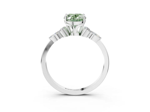 White gold Fancy Green Oval Cut Brilliant Diamond Solitaire Ring with Pear Side Stones and Four-Prong Setting_9