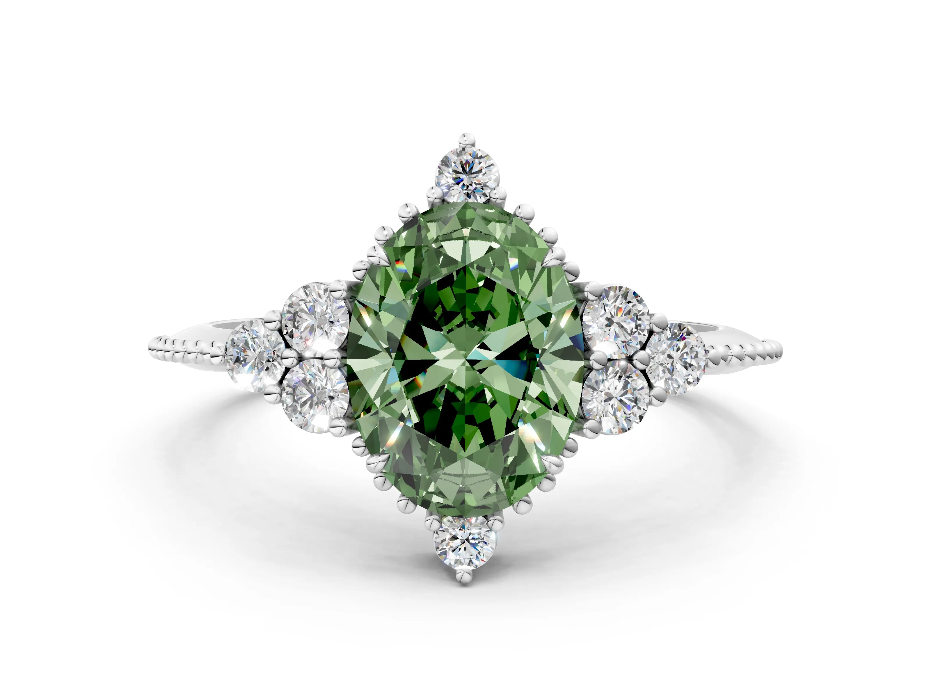 White gold Fancy Green Oval Cut Brilliant Diamond with Cluster Setting on a Beaded Band and Four-Prong Setting