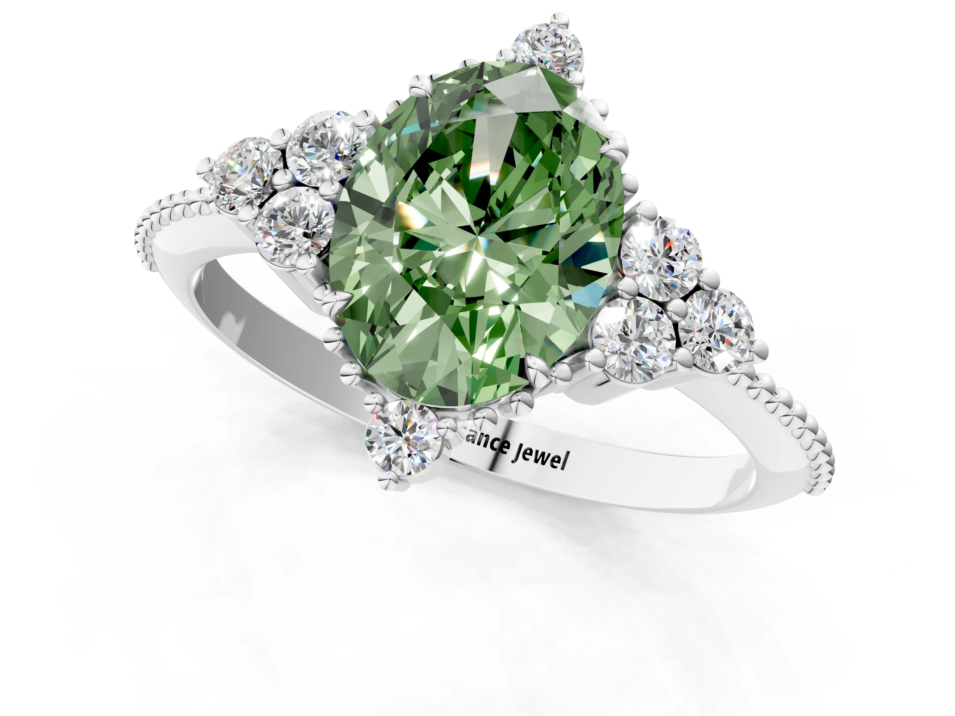 White gold Fancy Green Oval Cut Brilliant Diamond with Cluster Setting on a Beaded Band and Four-Prong Setting_1